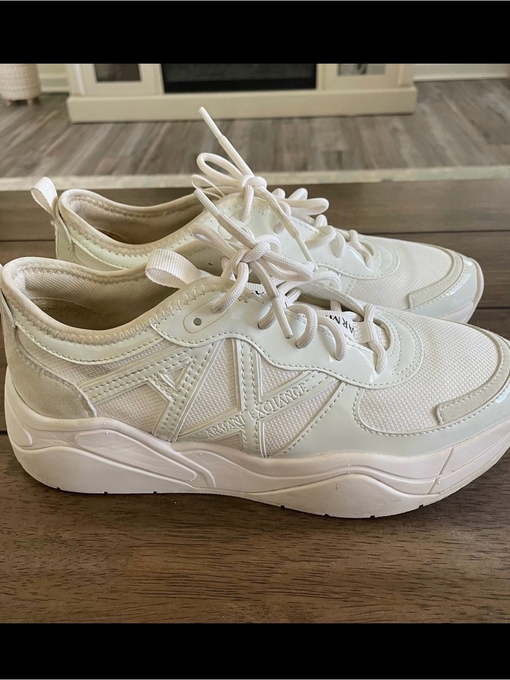 Armani Exchange Off-White Mesh & Leather Platform Sneakers